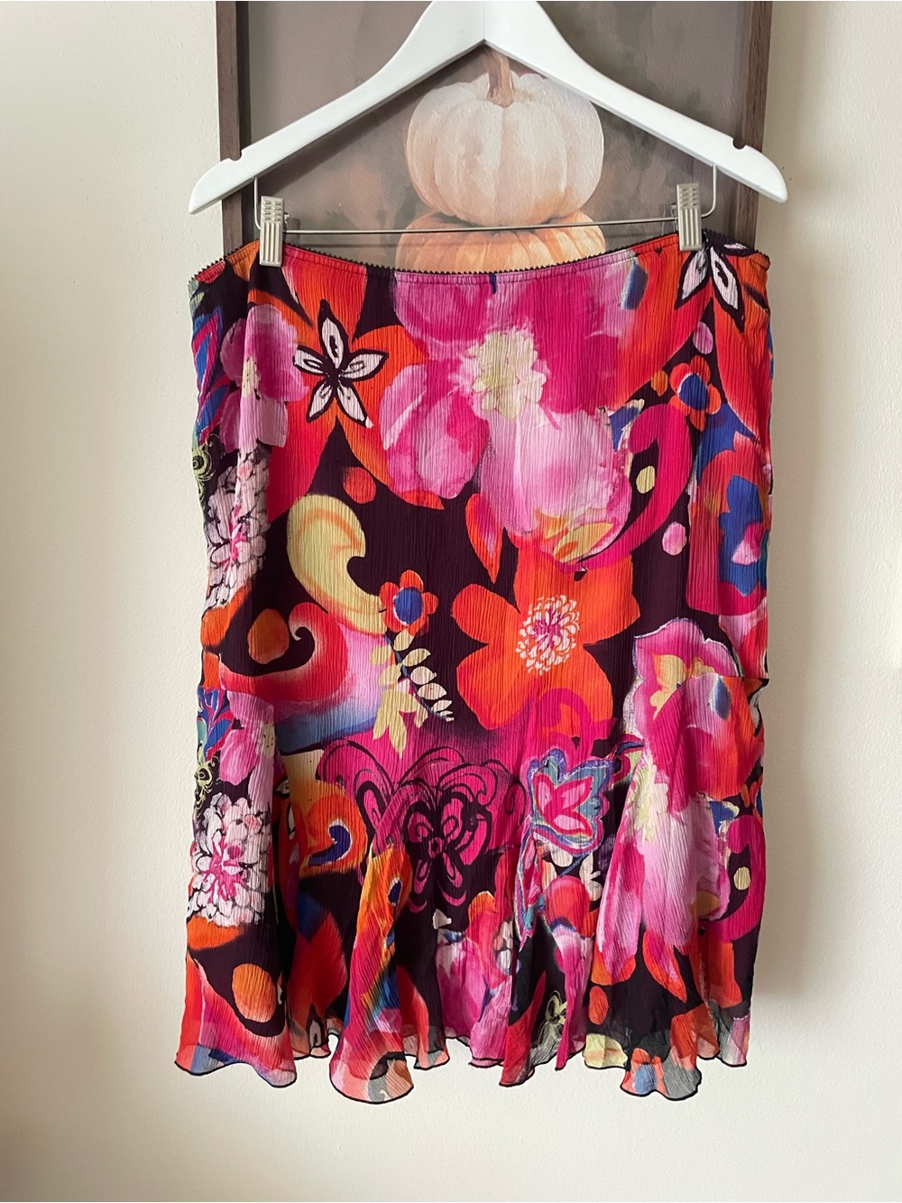 Chico's Y2K Vintage 100% Silk Crinkle Chiffon Floral Midi Skirt Size 2 (US 12 or